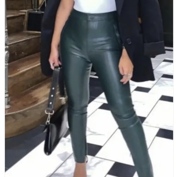 Zara Women Small Forest Green Faux Leather Leggings Skinny Pants Hi-Rise - Picture 1 of 10